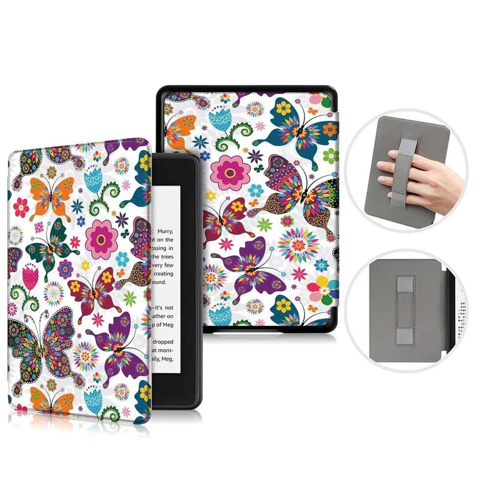 A premium leather case for a Kindle Paperwhite shows a colorful floral pattern on the cover and a gray protective sleeve.