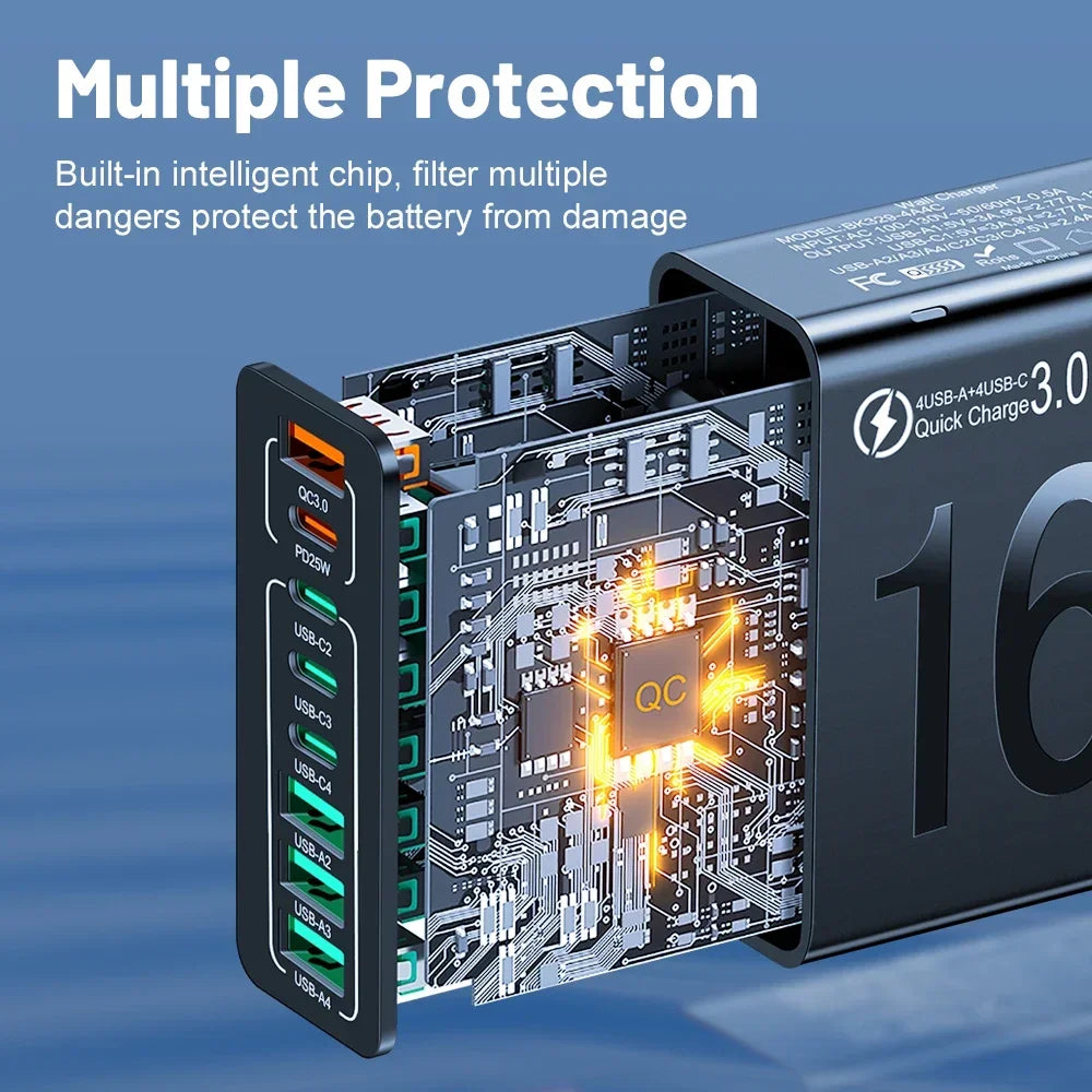 A close-up view of a wall adapter showing multiple USB ports and an integrated chip for battery protection.