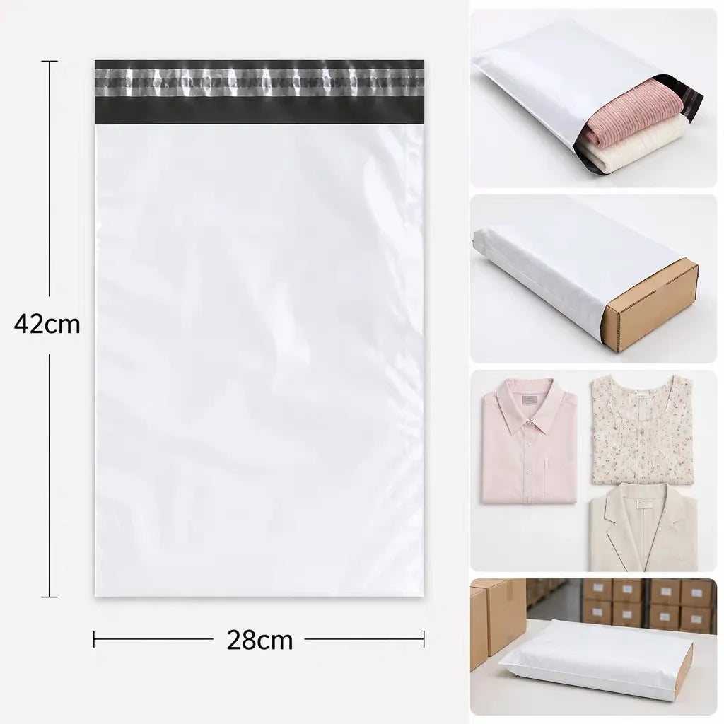 White self-adhesive courier mailer bags shown with a black patterned seal and examples of their size and use.