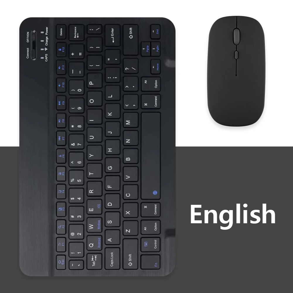 Combo clavier et souris Bluetooth universel noir, présentés séparément.