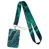 A green and teal marbled fabric lanyard with a metal clip attached to a tag.