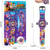 A purple and green 3D projection anime wrist watch for kids with a colorful strap.
