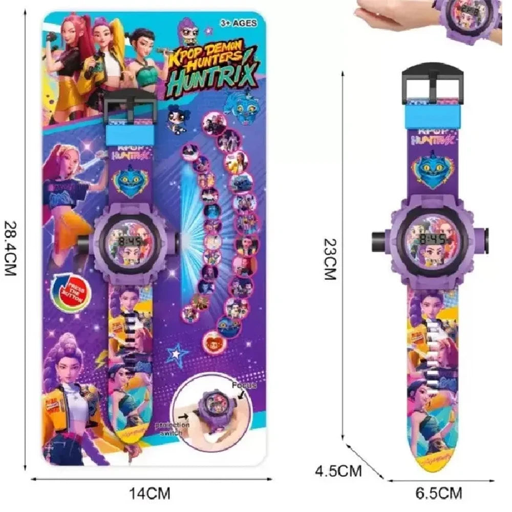 A purple and green 3D projection anime wrist watch for kids with a colorful strap.