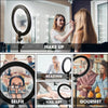 A collage showing various uses of a 10-inch LED selfie ring light with a tripod for makeup, reading, nail art, and gourmet fo