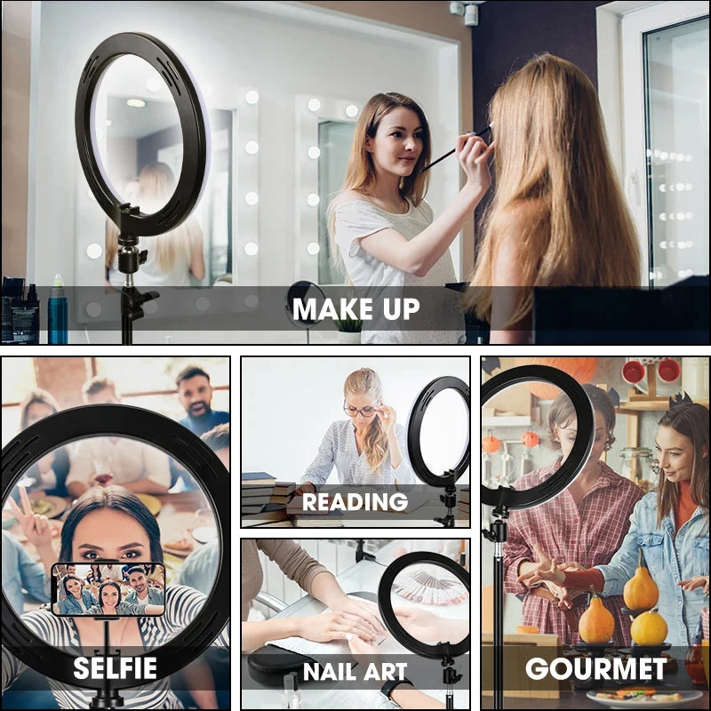 A collage showing various uses of a 10-inch LED selfie ring light with a tripod for makeup, reading, nail art, and gourmet fo
