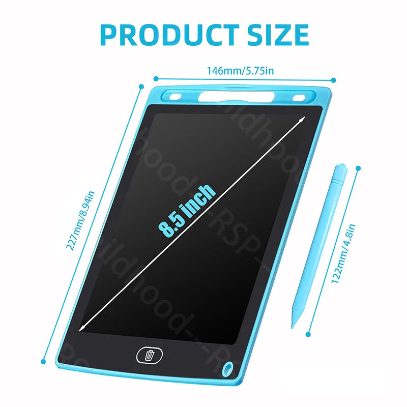 A blue 8.5 inch LCD writing tablet with a stylus shown next to it.