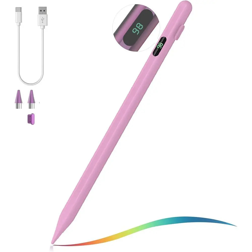 Rosa Universal-Stift mit mehrfarbigem Tip, daneben Ladekabel und Anzeige 86