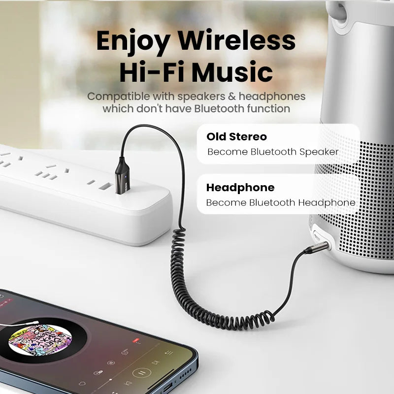 A white adapter connects a device to a speaker or headphone, enabling wireless Hi-Fi music playback.