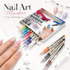 A set of nail art marker pens with fine 0.5mm tips and various colors displayed next to manicured nails.