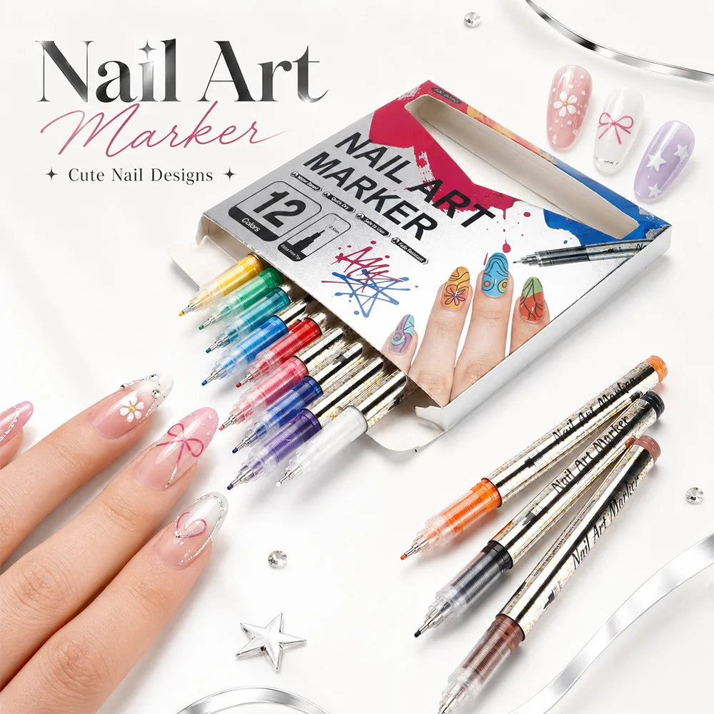 A set of nail art marker pens with fine 0.5mm tips and various colors displayed next to manicured nails.