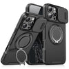 A black heavy-duty magnetic ring stand featuring multiple camera lenses and a protective case.