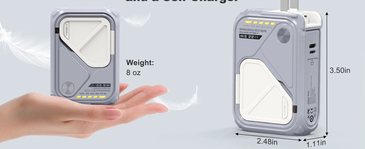 A hand holds a silver magnetic wireless power bank with built-in cables and a foldable plug, showing its dimensions.