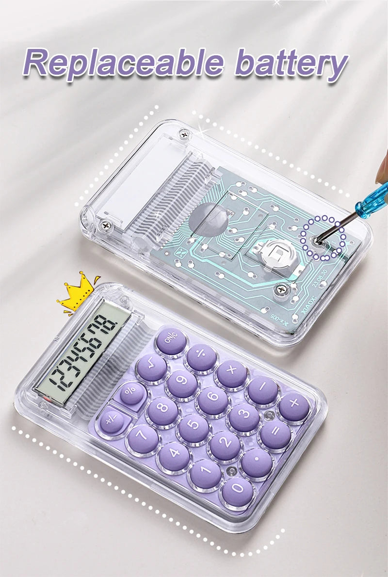 A clear plastic case containing a replaceable battery and an electronic circuit board for a mini silent calculator.
