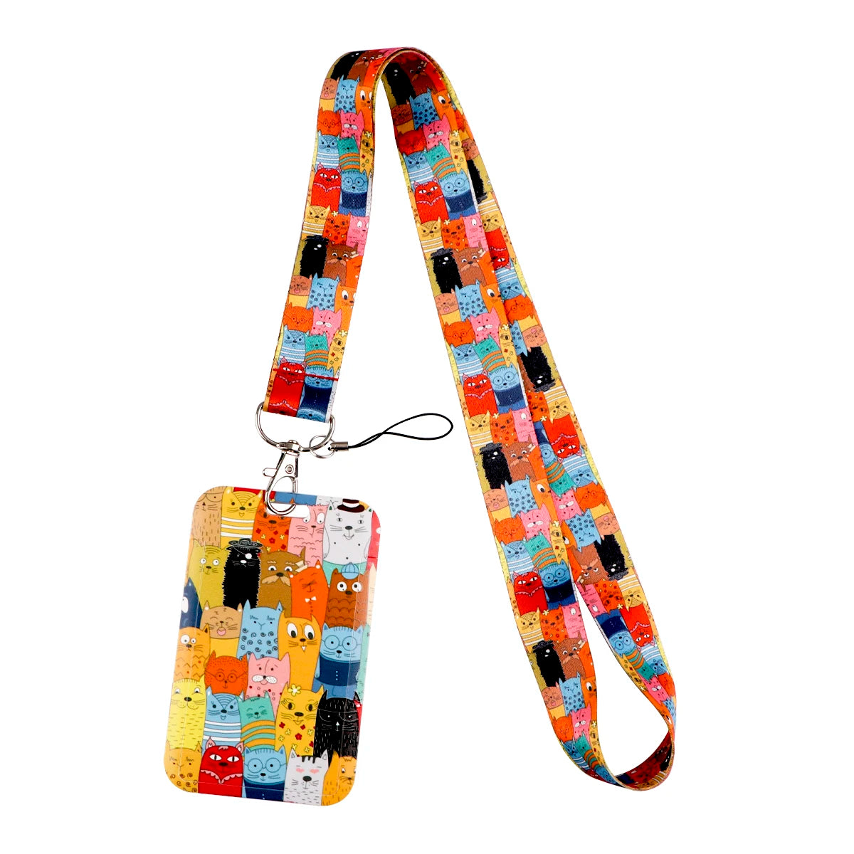 A colorful card holder lanyard featuring a repeating pattern of cartoon cats on an orange strap with a hanging card holder.