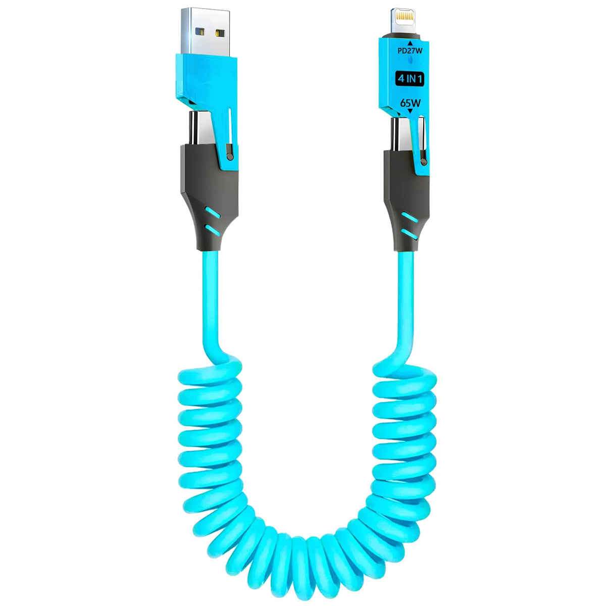A blue retractable fast charging cable with a USB-C adapter and multiple connectors.