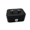 Black metal key lock cash box with a silver handle and locking mechanism.