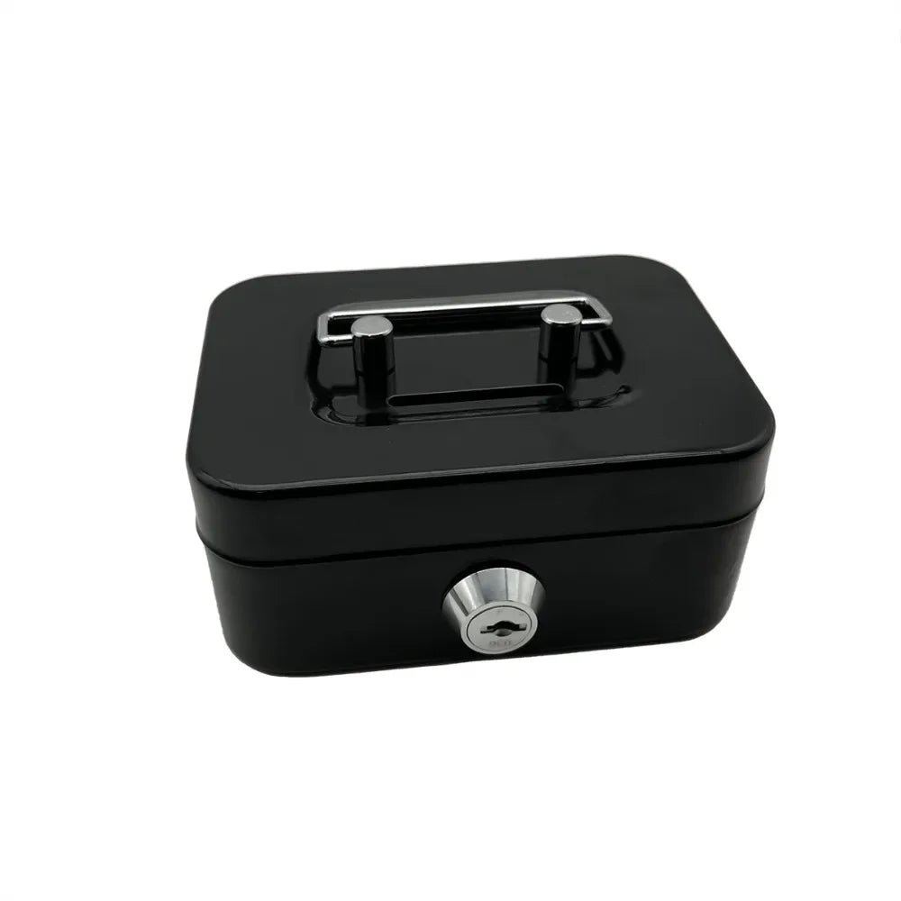 Black metal key lock cash box with a silver handle and locking mechanism.
