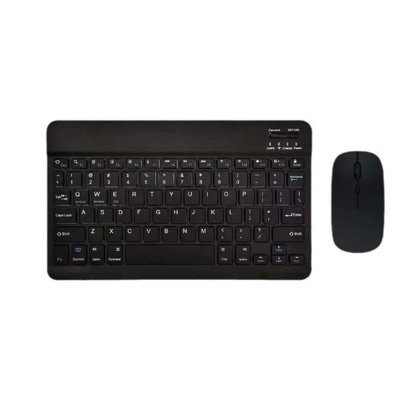 A black multi-device Bluetooth keyboard and mouse combo with a full-size keyboard and separate mouse.