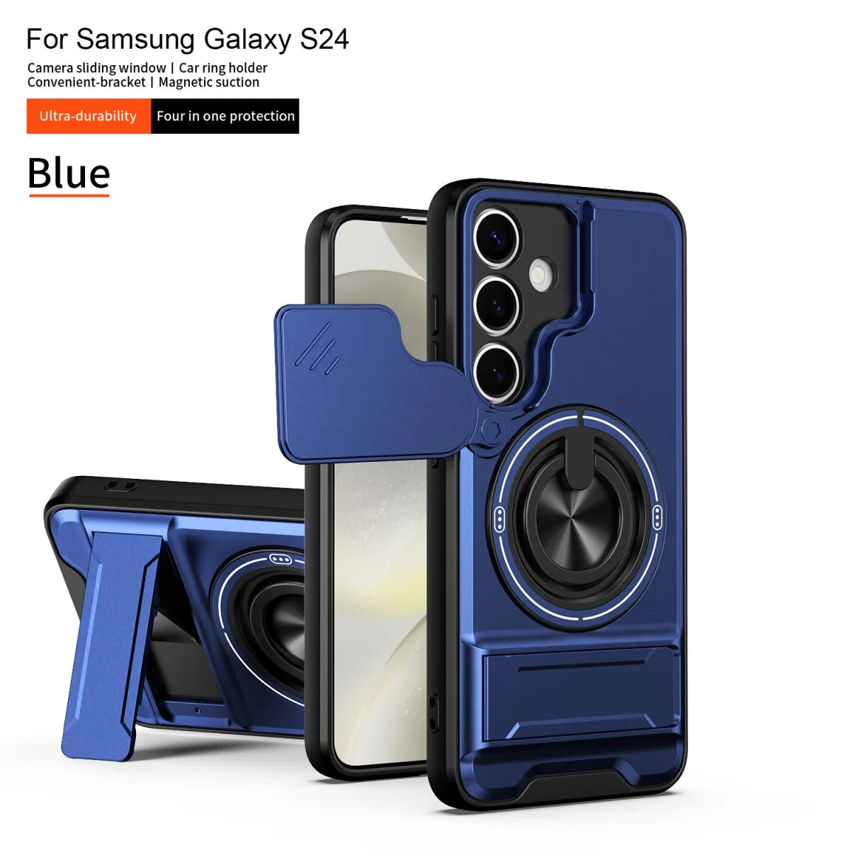Blue armor shockproof phone case for Samsung Galaxy S24 with a camera sliding window and built-in kickstand