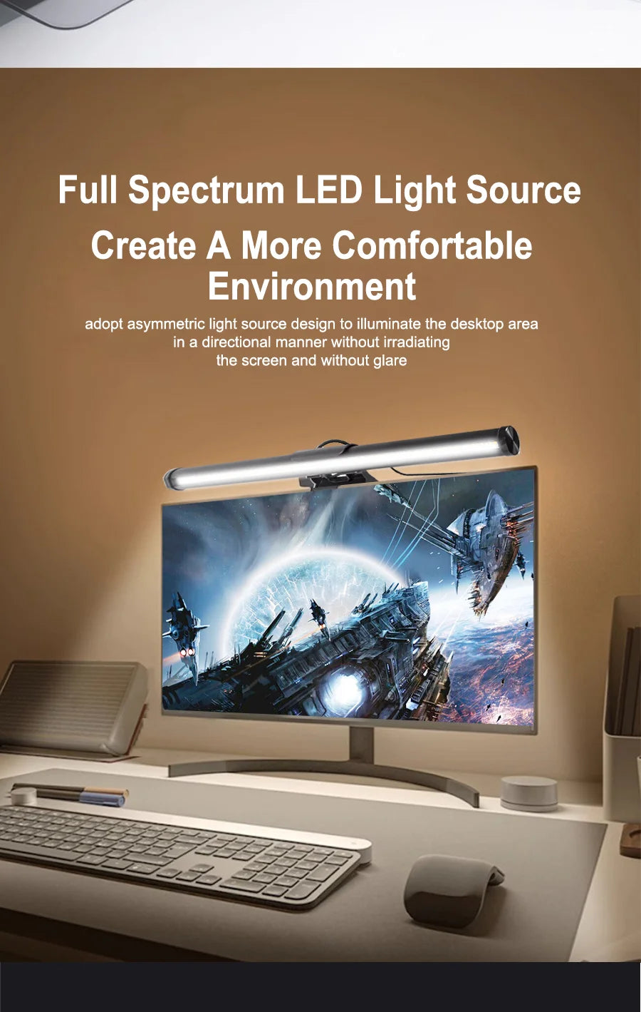 A silver LED light bar illuminates a desktop area, designed to create a more comfortable environment for screen viewing.