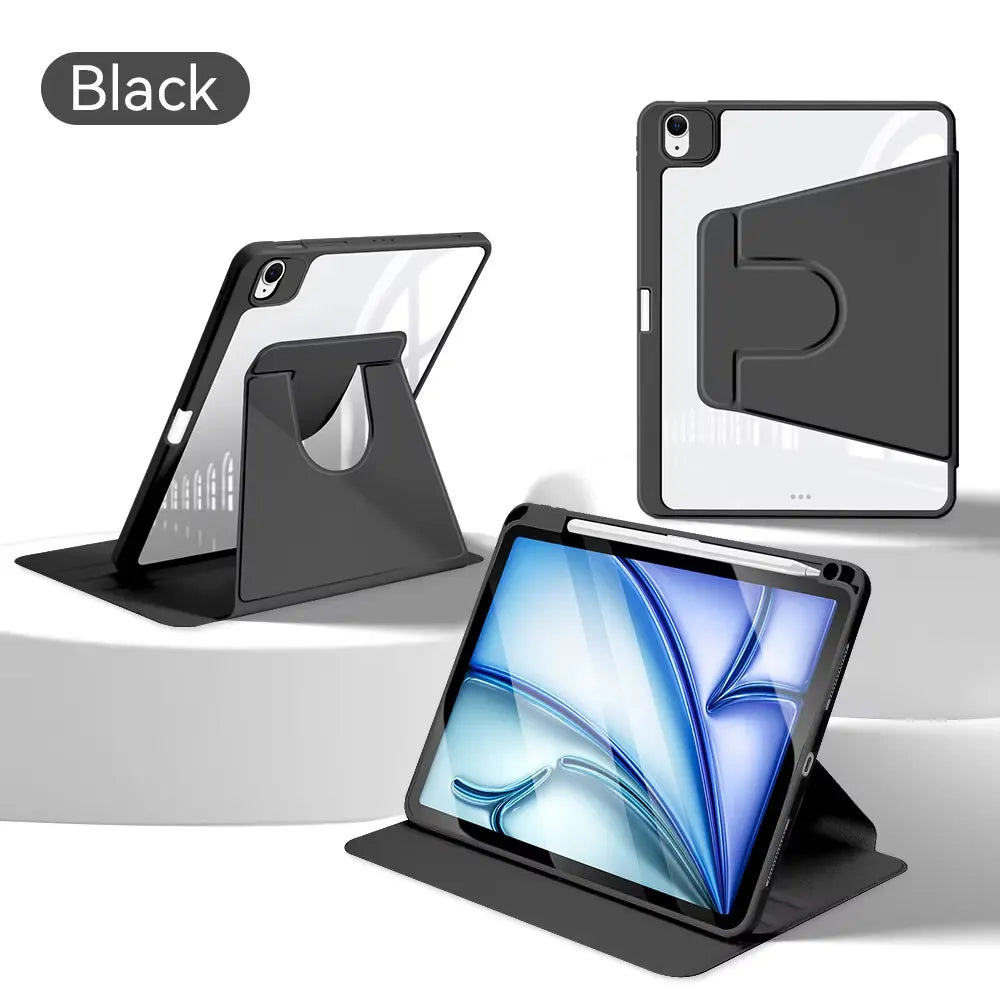 A black 360° rotating protective case for an iPad is shown alongside a smartphone case.