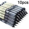 A set of ten black precision gel pens is shown in a row.