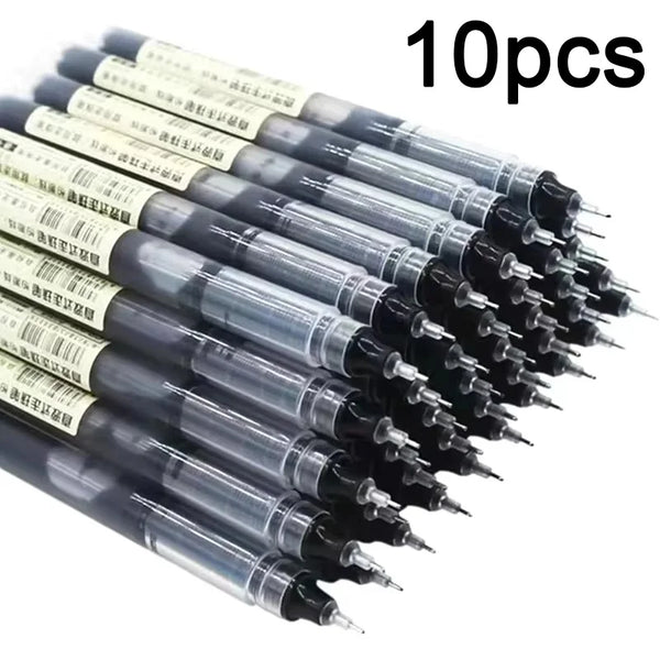 A set of ten black precision gel pens is shown in a row.