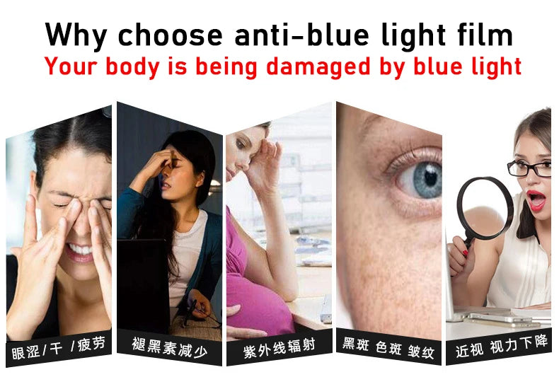 Close-up of an eye showing blue light damage, illustrating why anti-blue light film is needed.