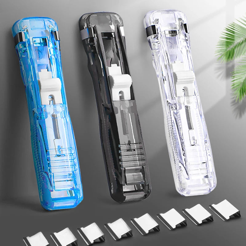 Three clear and blue mini reusable hand clamp staplers shown in various angles with replacement staples below.