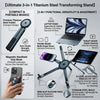 A titanium steel transforming stand featuring multiple modes including a laptop riser, phone stand, and tablet mount.