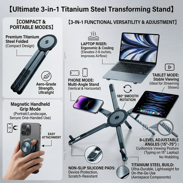 A titanium steel transforming stand featuring multiple modes including a laptop riser, phone stand, and tablet mount.