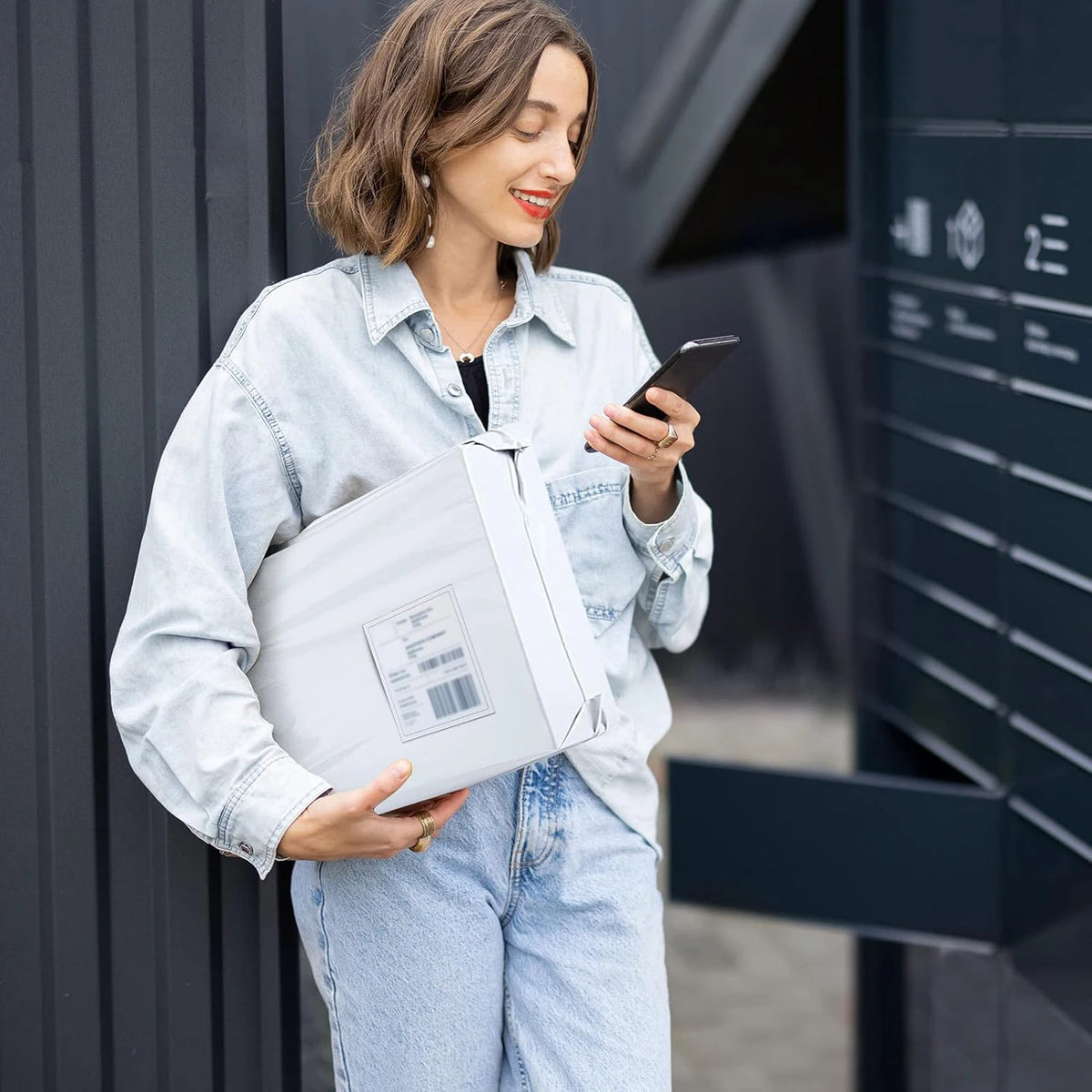 Eine Frau in einem Jeanshemd hält ein weißes Polybeutelpaket und schaut auf ihr Smartphone.