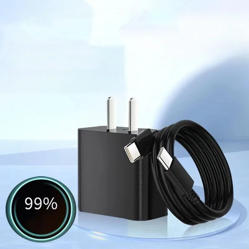 A black dual Type-C PD fast charger with a cable and a battery indicator showing 99% charge.