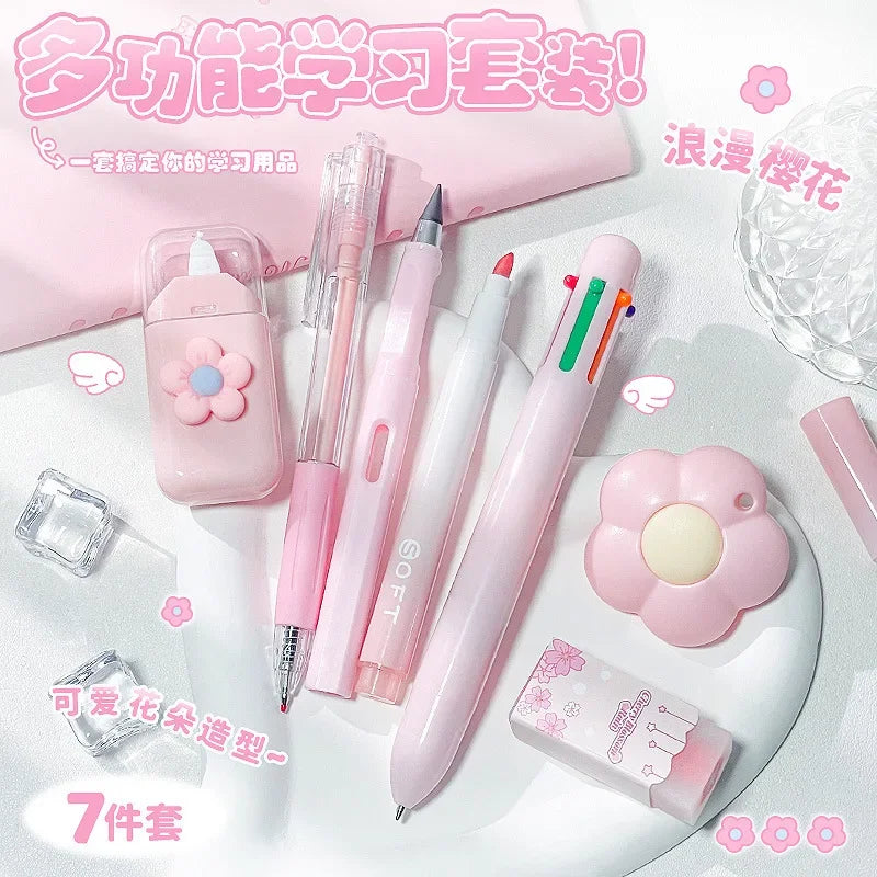 A set of pink and white cartoon school stationery including pens, markers, and accessories displayed on a white surface.