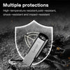 A silver Lexar flash drive is shown inside a transparent shield against a dark, textured background.