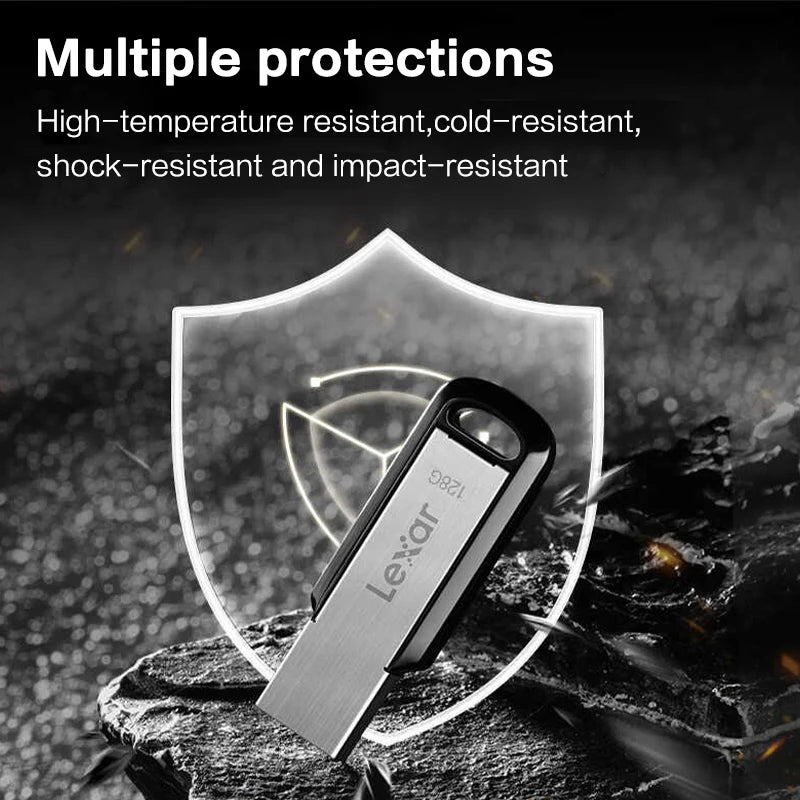 A silver Lexar flash drive is shown inside a transparent shield against a dark, textured background.