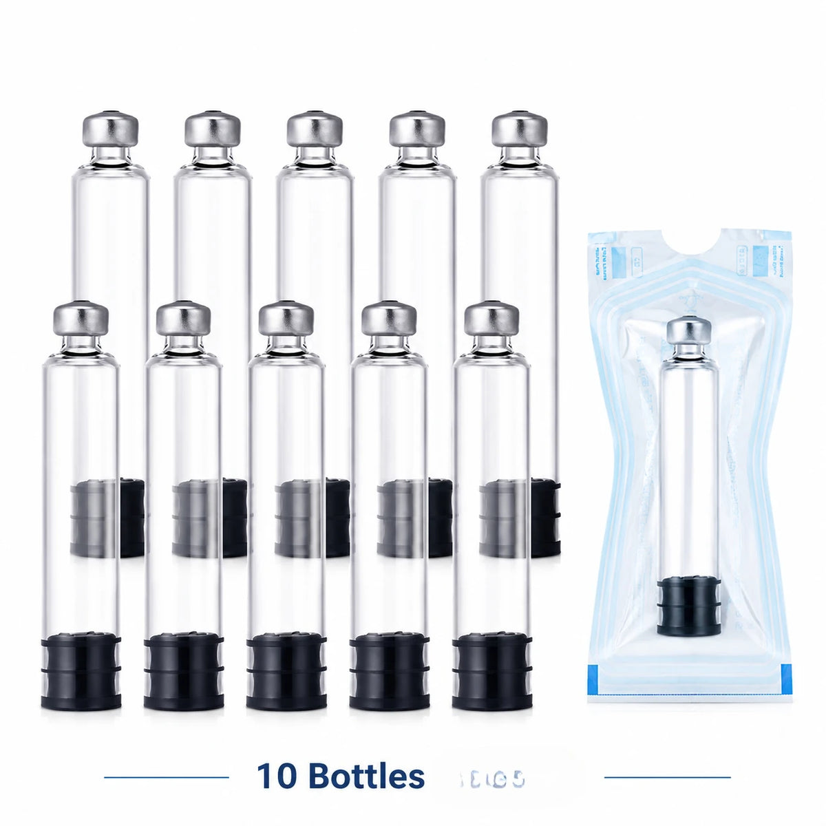 Ten clear glass peptide beauty injector pens with black tips displayed next to their packaging.