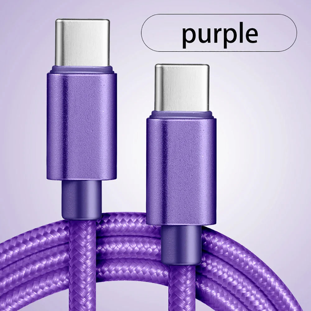 A purple durable fast charging USB-C to Type-C cable with silver connectors.