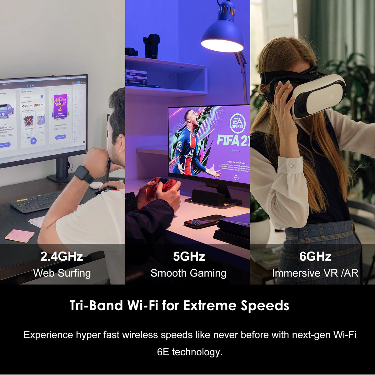 Anzeige für drei WLAN-Bänder (2,4 GHz, 5 GHz und 6 GHz), die schnelles Internet zeigen.