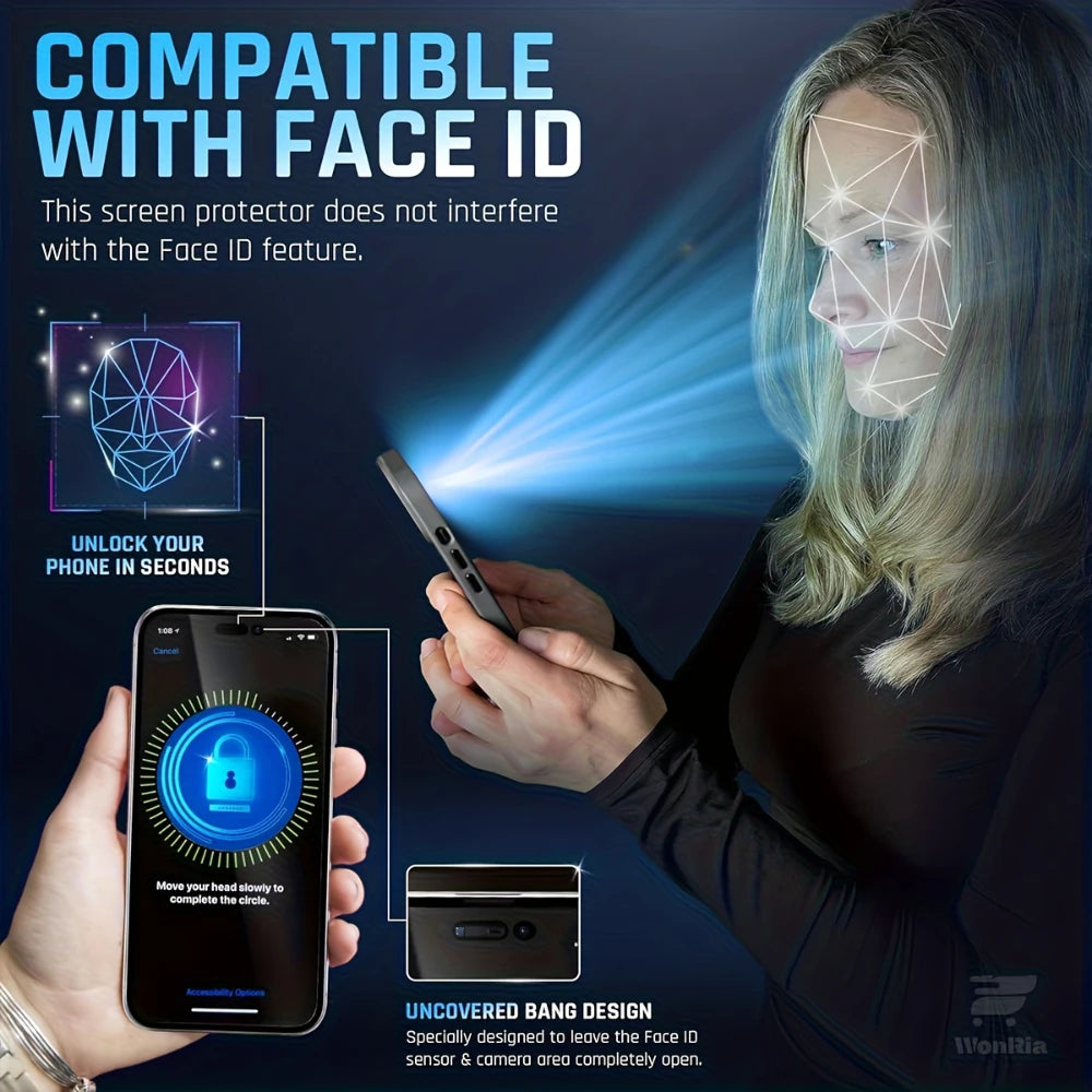 A woman is using a screen protector film on an iPhone, demonstrating compatibility with Face ID.