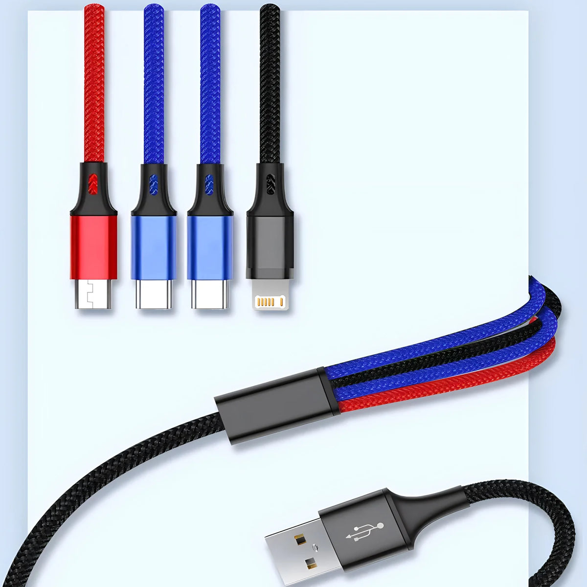 A set of four braided multi-device fast charging cables in red, blue, black, and black with USB connectors.