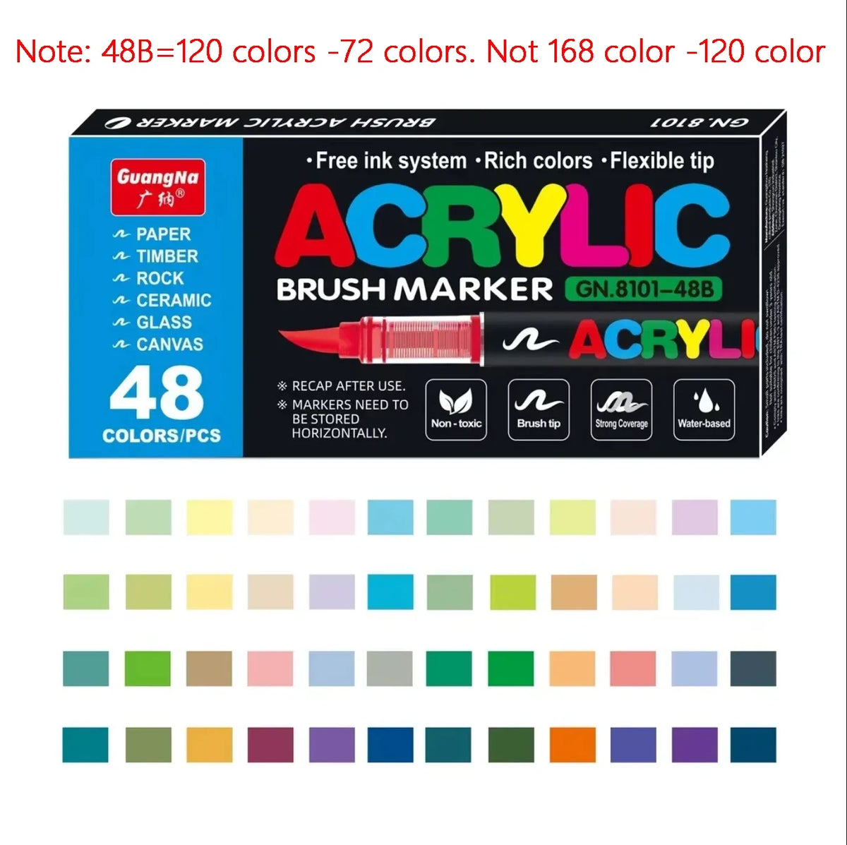Box of 48 Acrylic Brush Markers featuring a wide range of vibrant colors for DIY art projects.