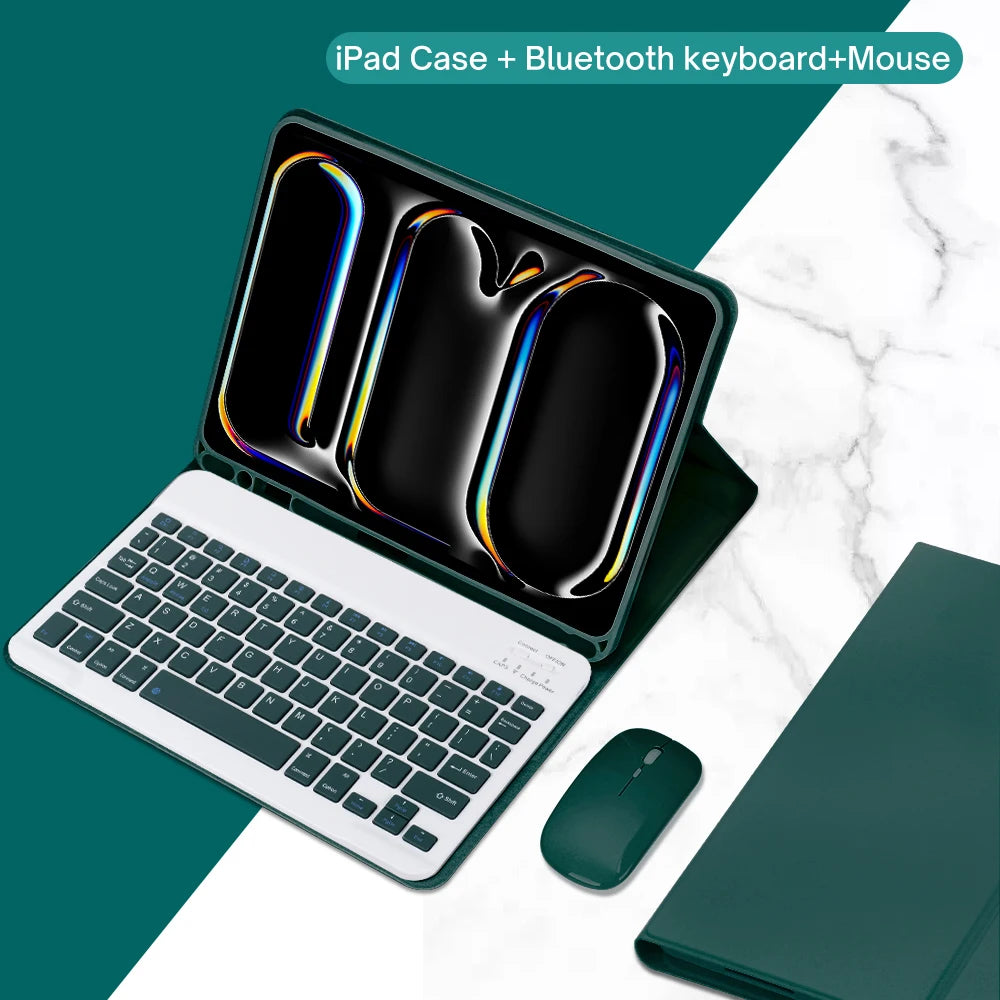 An iPad case featuring a built-in Bluetooth keyboard and mouse, shown open on a white marble surface.