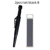 Black carpenter pencil with built-in sharpener shown in a vertical view.