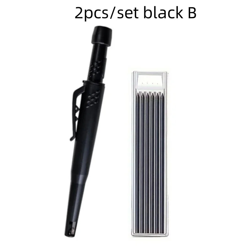 Black carpenter pencil with built-in sharpener shown in a vertical view.
