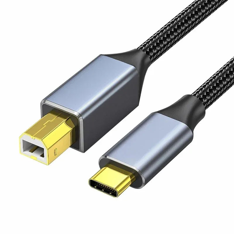 A black printer cable with a silver connector and a gold USB-B plug.
