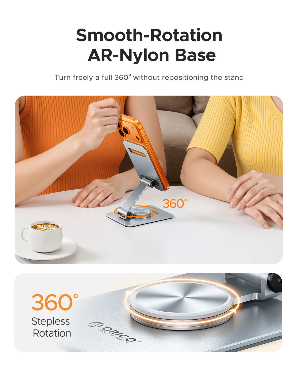 An orange-colored hand holds a smartphone mounted on a smooth, silver AR-nylon base for 360 degree rotation.