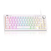 A white compact 68-key RGB backlit wired keyboard with yellow accents and colorful LED lighting.