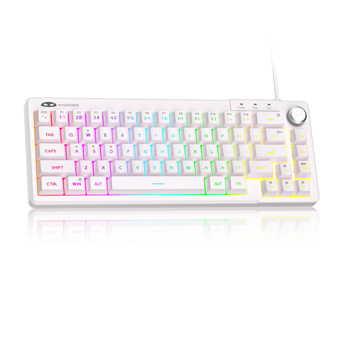 A white compact 68-key RGB backlit wired keyboard with yellow accents and colorful LED lighting.