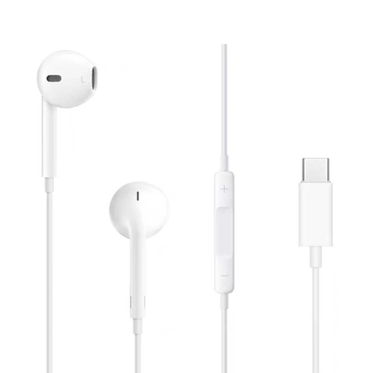 White wired Type-C earphones with microphone shown in various forms.